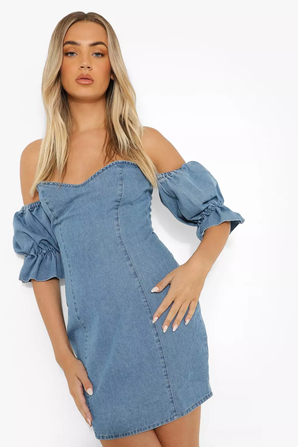 Puff Sleeve Bardot Denim Mini Dress